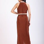 Brown Pearl Embroidered Indowestern Drape Skirt And Crop Top Set back