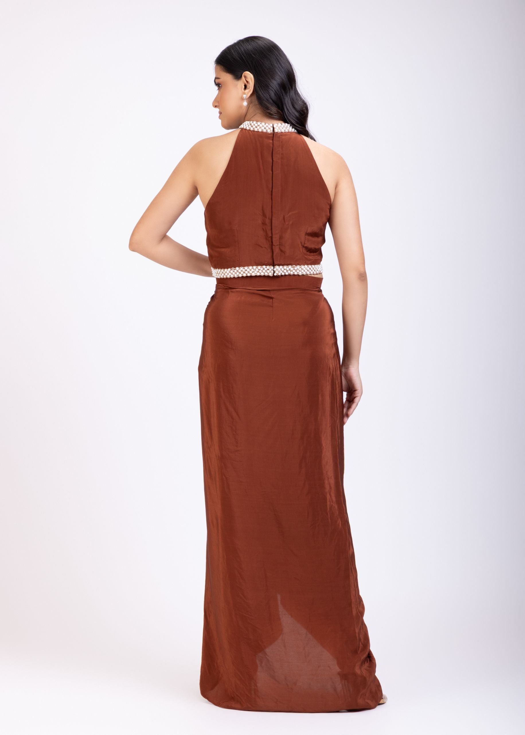 Brown Pearl Embroidered Indowestern Drape Skirt And Crop Top Set back