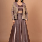 Brown Tissue Lehenga Jacket Set With Beads And Cutdana Work full