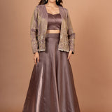 Brown Tissue Lehenga Jacket Set With Beads And Cutdana Work full