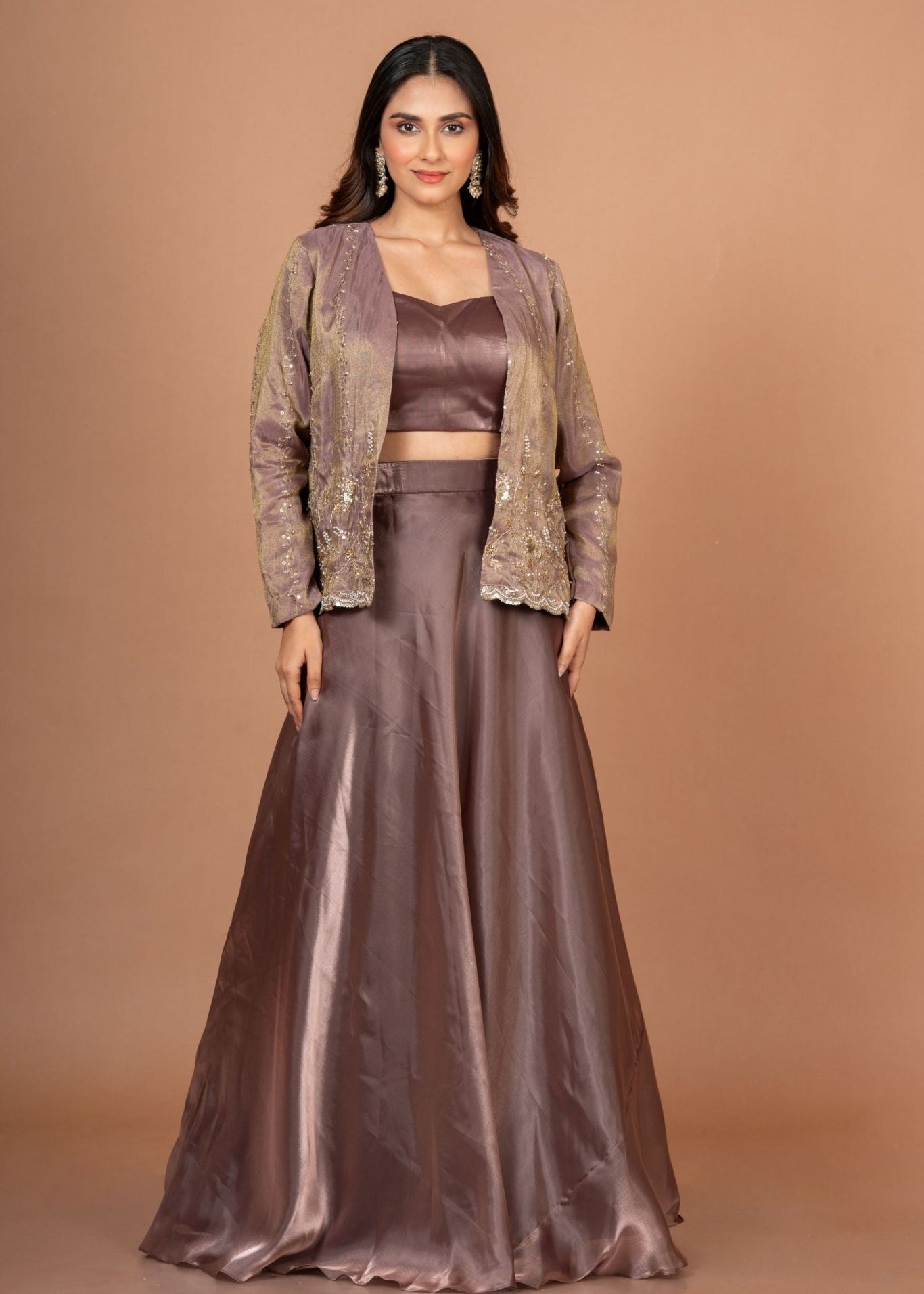 Brown Tissue Lehenga Jacket Set With Beads And Cutdana Work - Anvi Couture