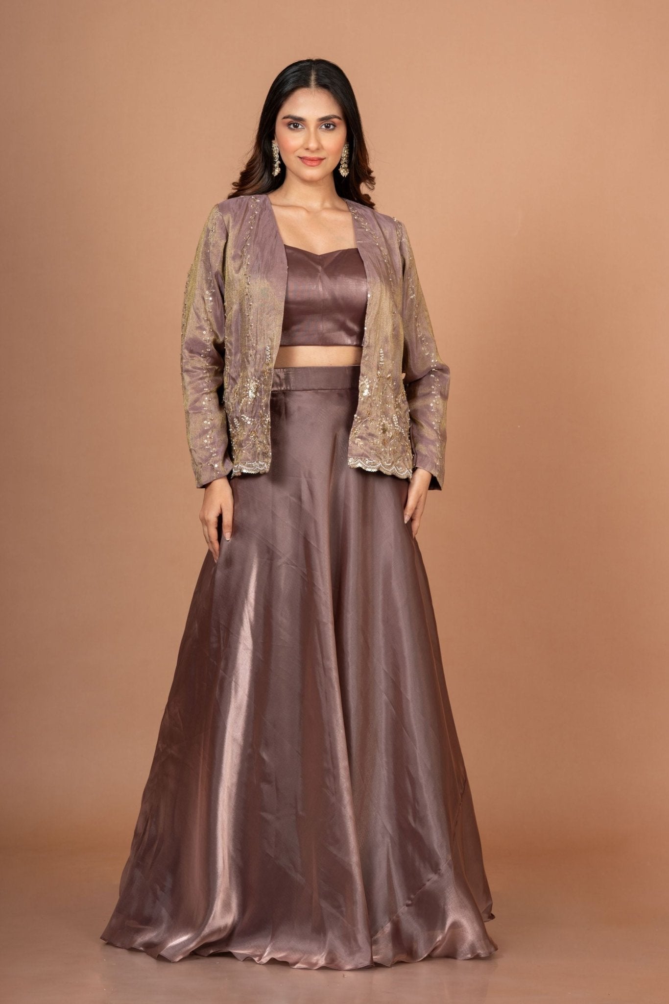 Brown Tissue Lehenga Jacket Set With Beads And Cutdana Work - Anvi Couture