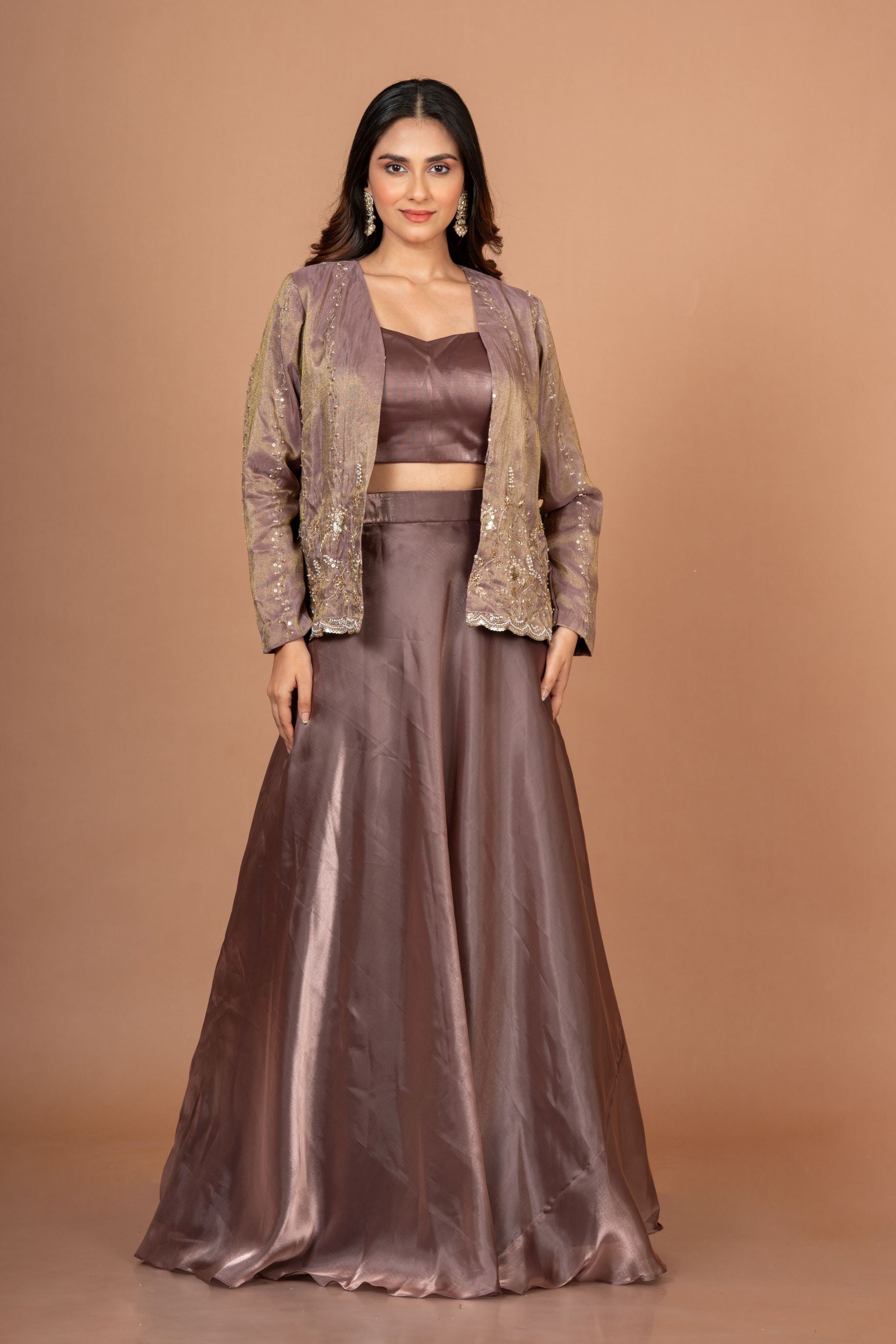 Brown Tissue Lehenga Jacket Set With Beads And Cutdana Work full