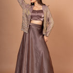 Brown Tissue Lehenga Jacket Set With Beads And Cutdana Work  Front