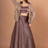 Brown Tissue Lehenga Jacket Set With Beads And Cutdana Work  Front