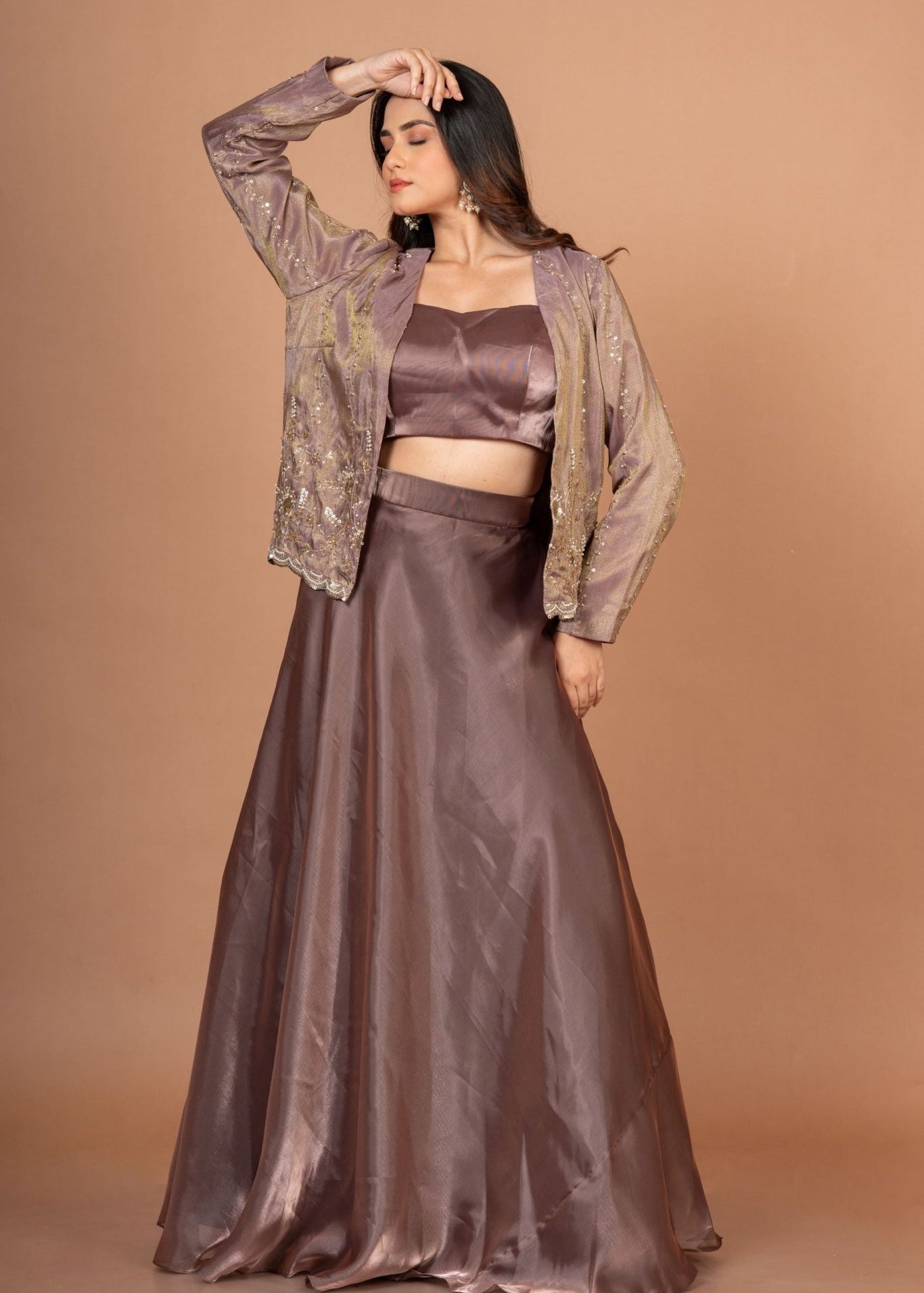 Brown Tissue Lehenga Jacket Set With Beads And Cutdana Work - Anvi Couture