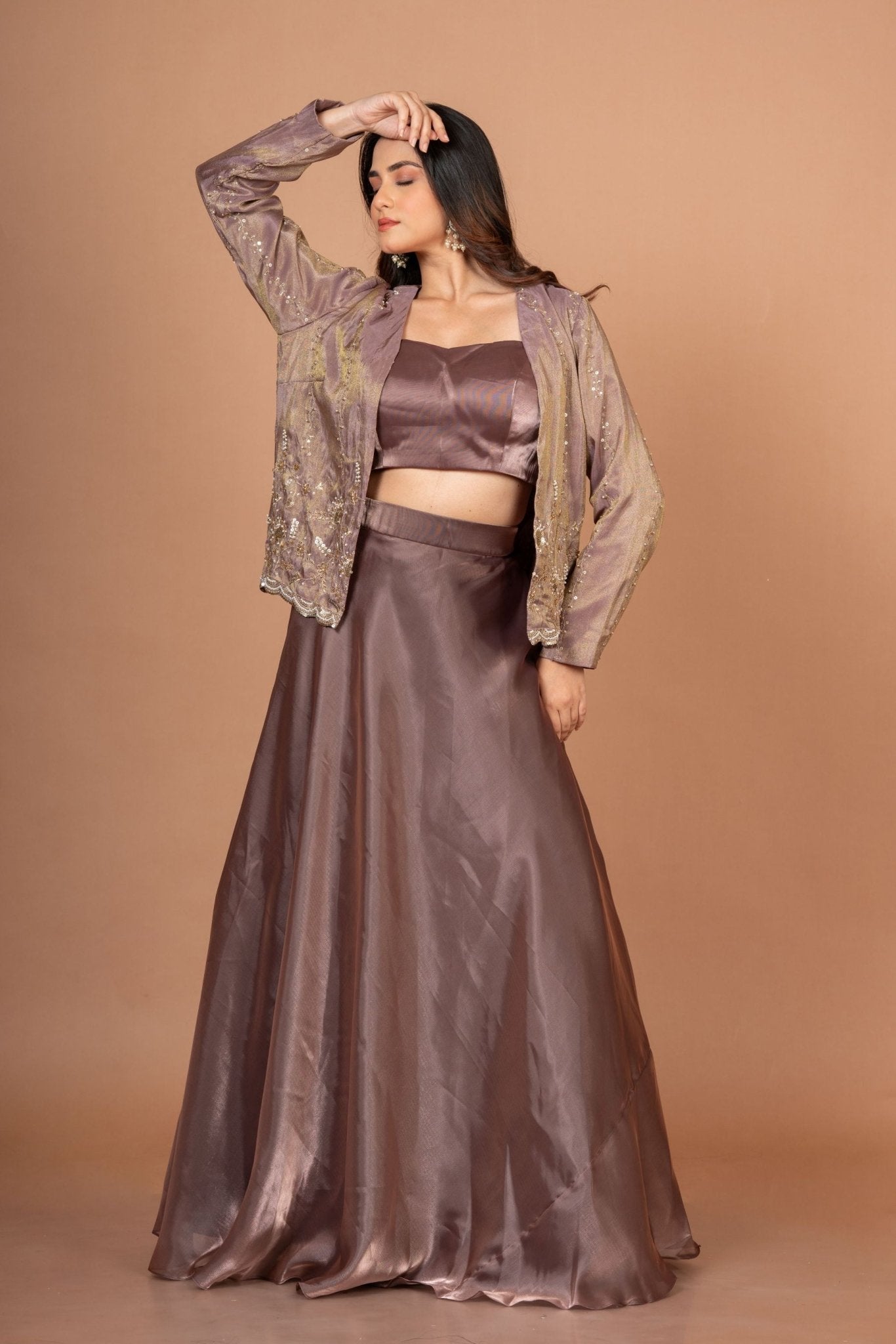 Brown Tissue Lehenga Jacket Set With Beads And Cutdana Work - Anvi Couture
