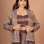 Brown Tissue Lehenga Jacket Set With Beads And Cutdana Work Close Up