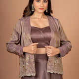 Brown Tissue Lehenga Jacket Set With Beads And Cutdana Work Close Up