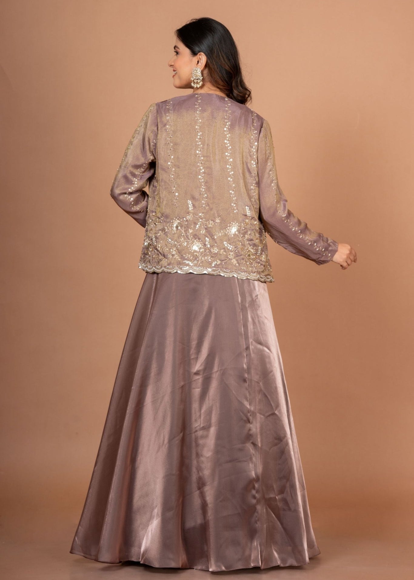 Brown Tissue Lehenga Jacket Set With Beads And Cutdana Work - Anvi Couture