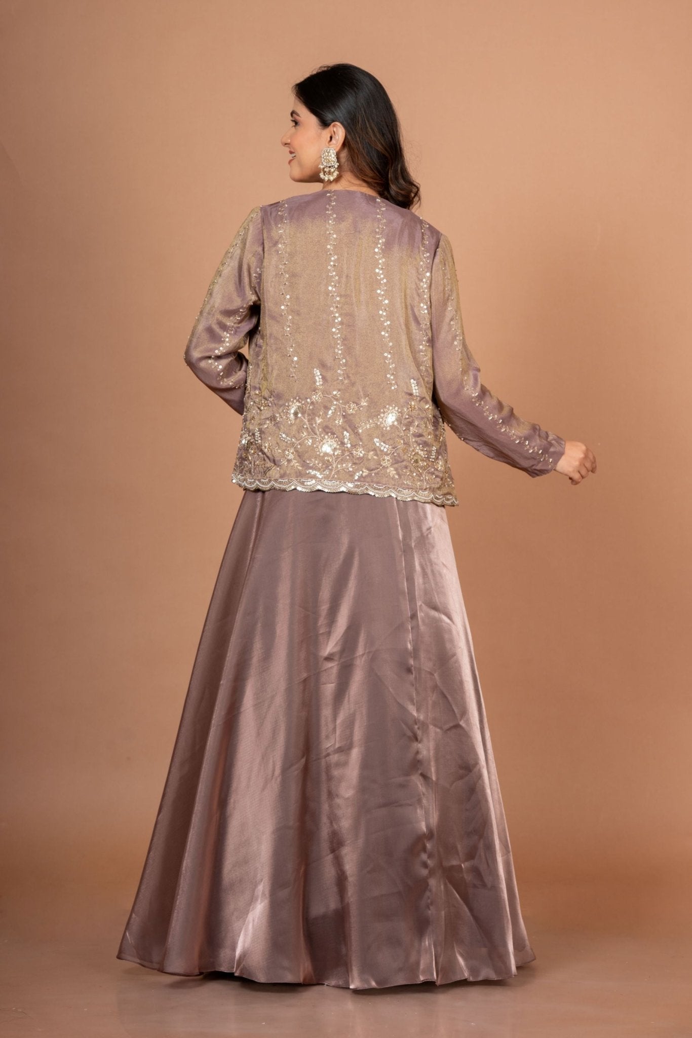 Brown Tissue Lehenga Jacket Set With Beads And Cutdana Work - Anvi Couture
