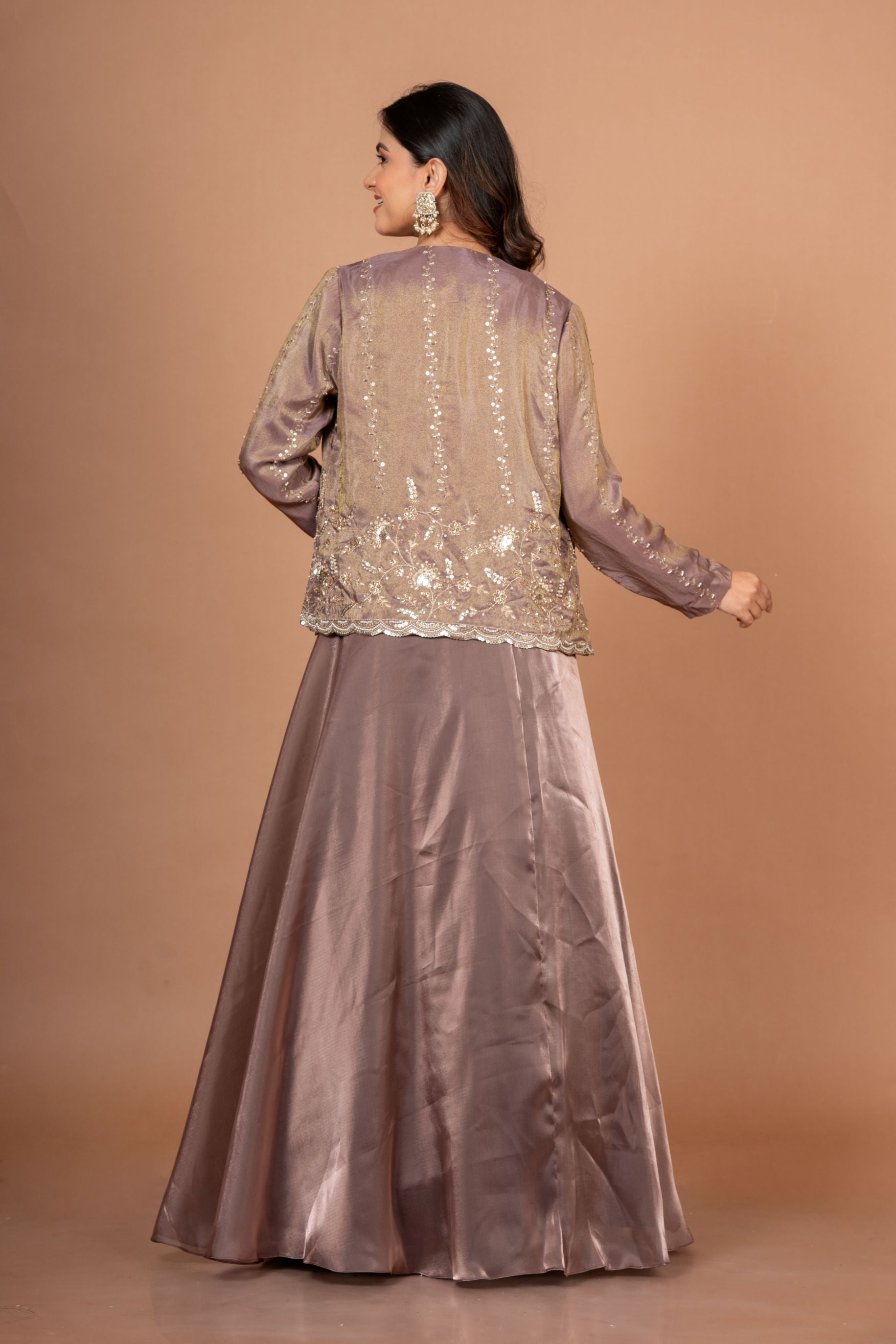 Brown Tissue Lehenga Jacket Set With Beads And Cutdana Work Back