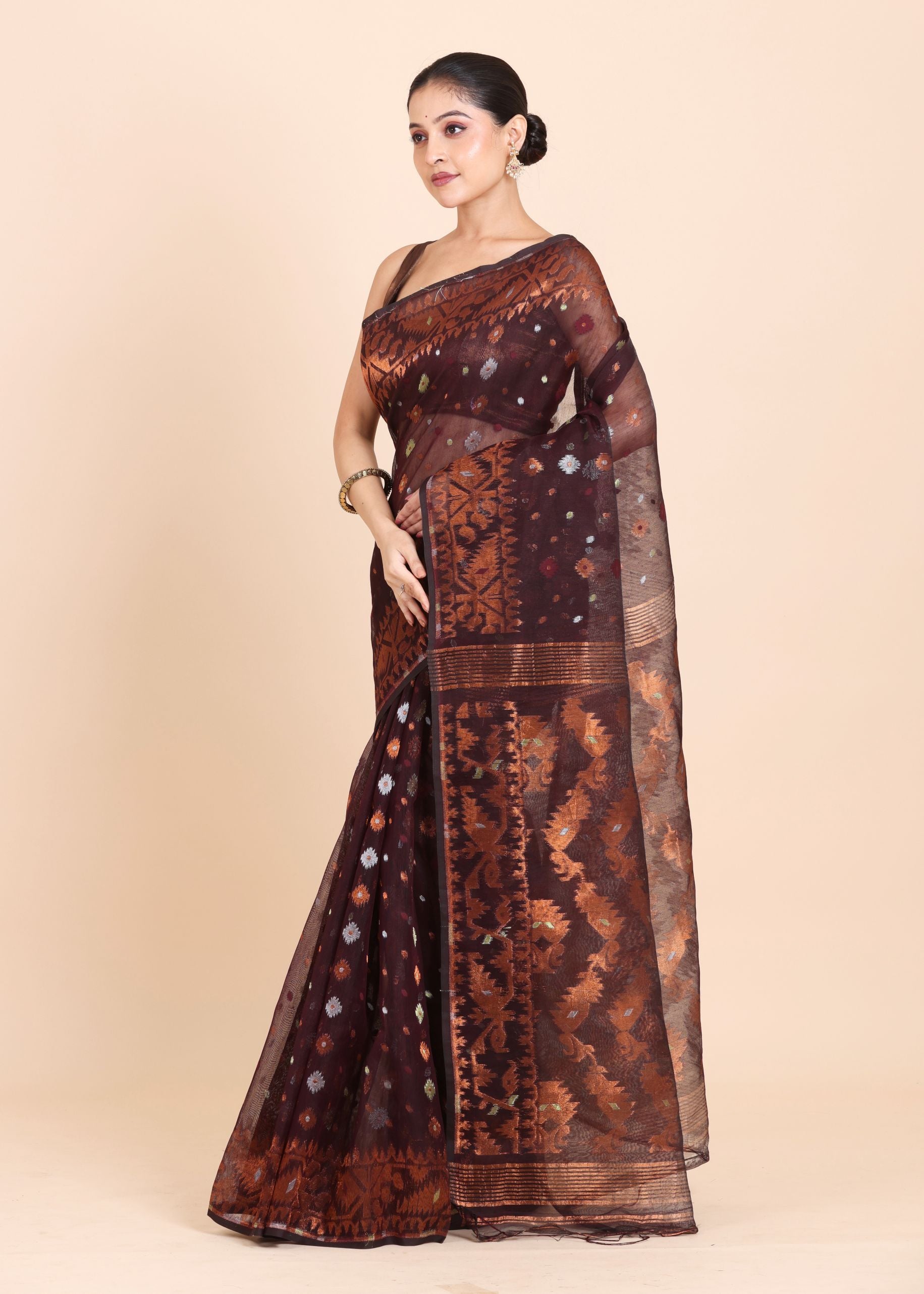 Brown and Copper Pure Bangladeshi Dhakai Jamdani Saree Side