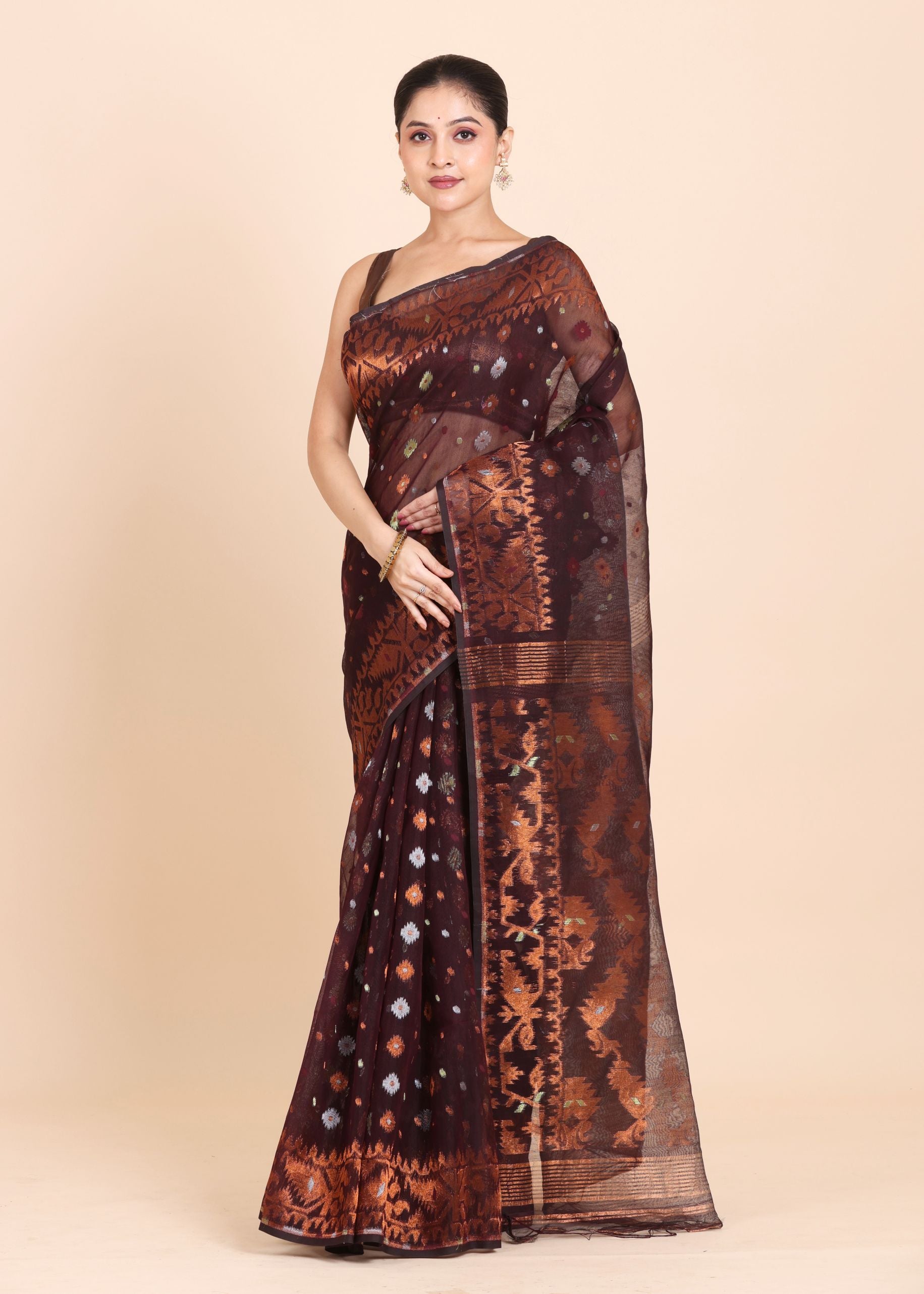 Brown and Copper Pure Bangladeshi Dhakai Jamdani Saree Full