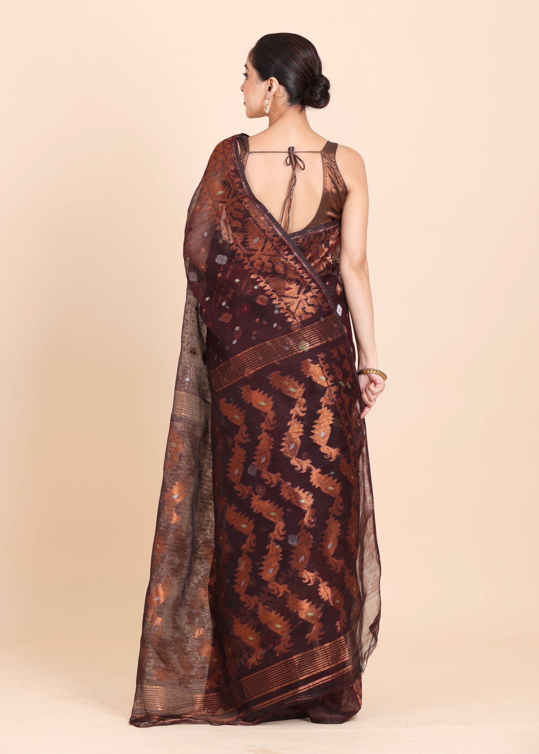 Brown and Copper Pure Bangladeshi Dhakai Jamdani Saree Back