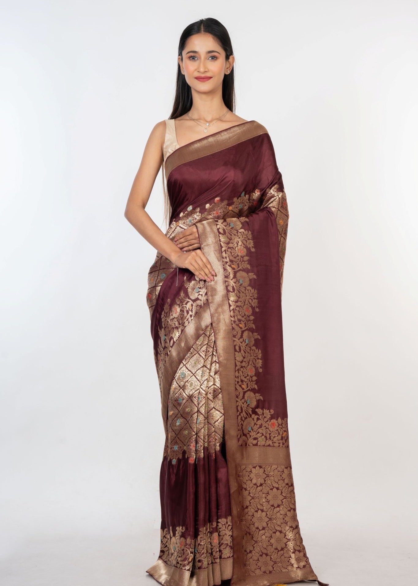 Brown and Gold Handloom Banarasi Saree - Anvi Couture
