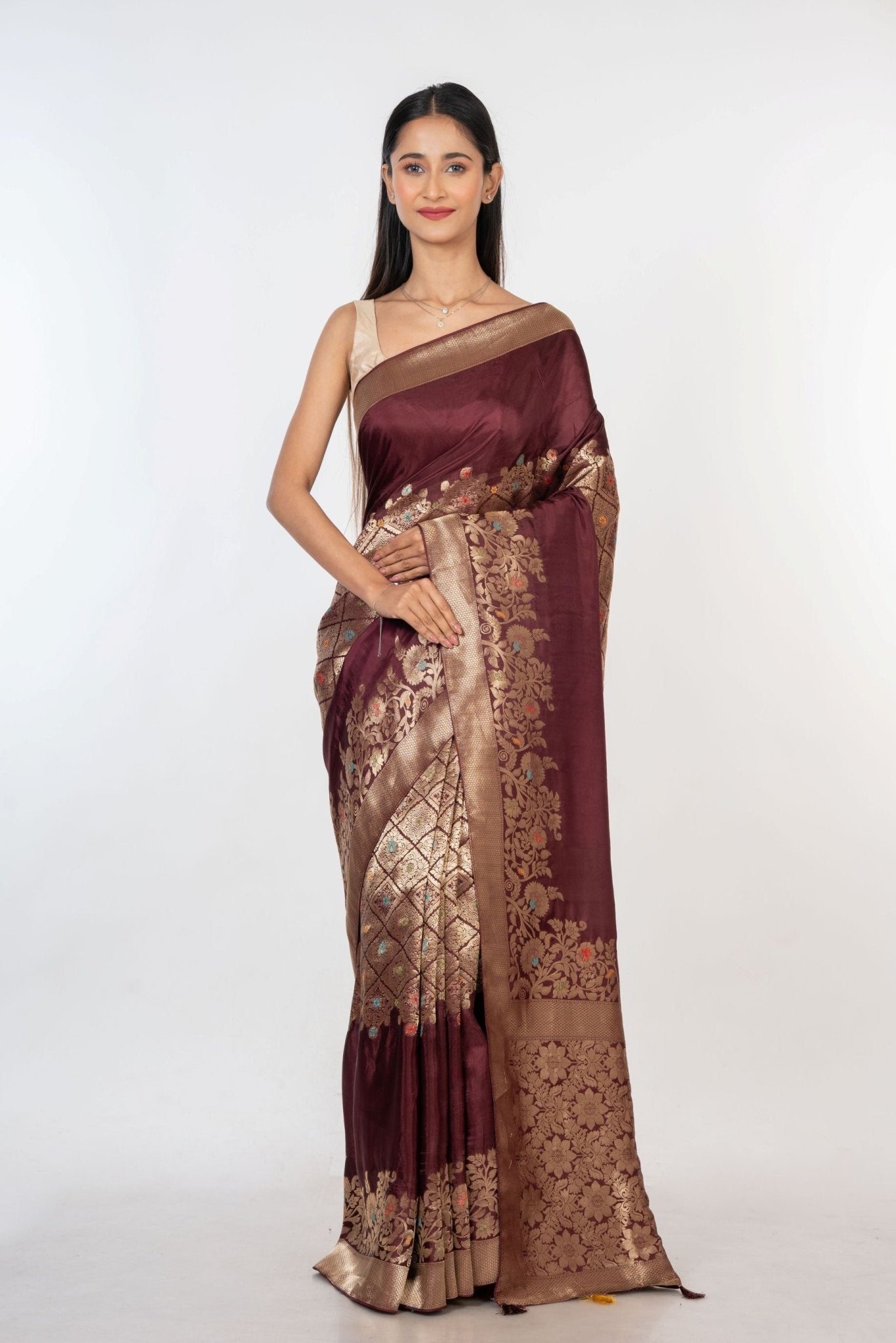 Brown and Gold Handloom Banarasi Saree - Anvi Couture