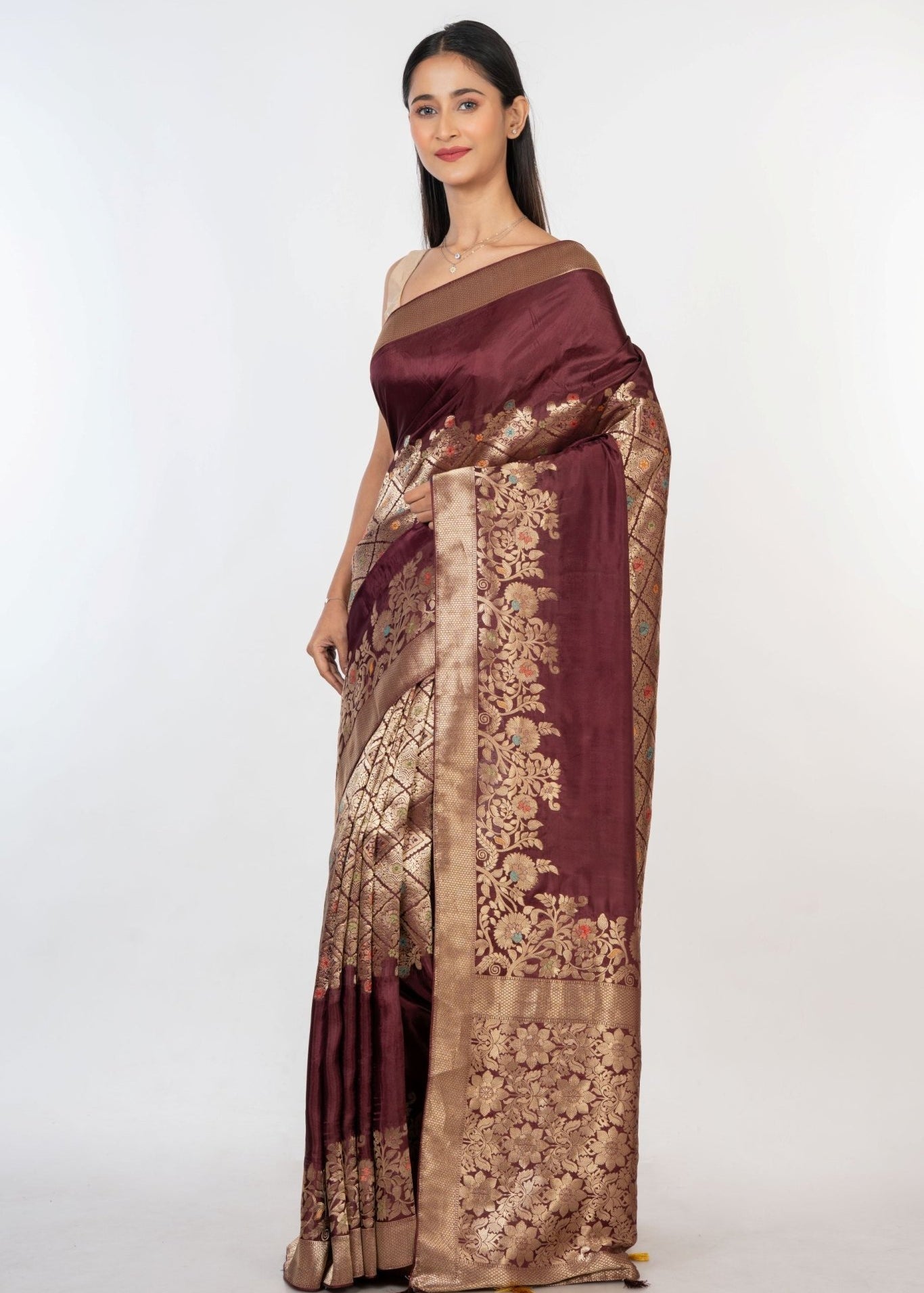 Brown and Gold Handloom Banarasi Saree - Anvi Couture