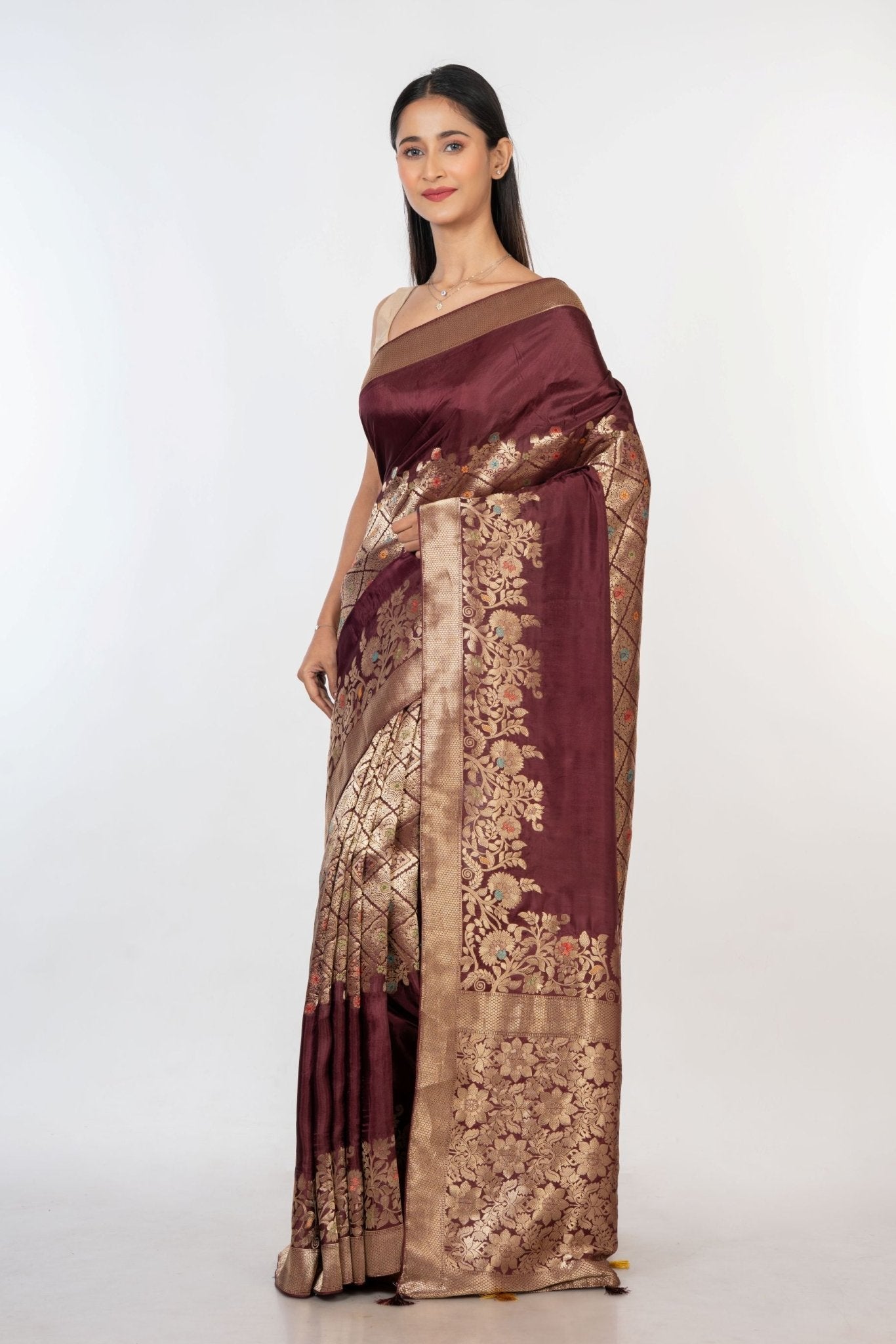 Brown and Gold Handloom Banarasi Saree - Anvi Couture