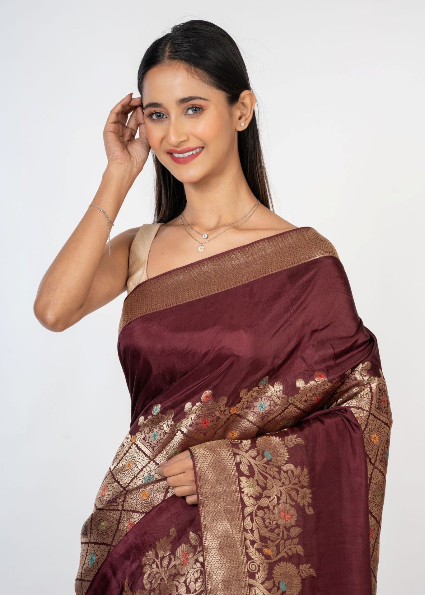 Brown and Gold Handloom Banarasi Saree - Anvi Couture
