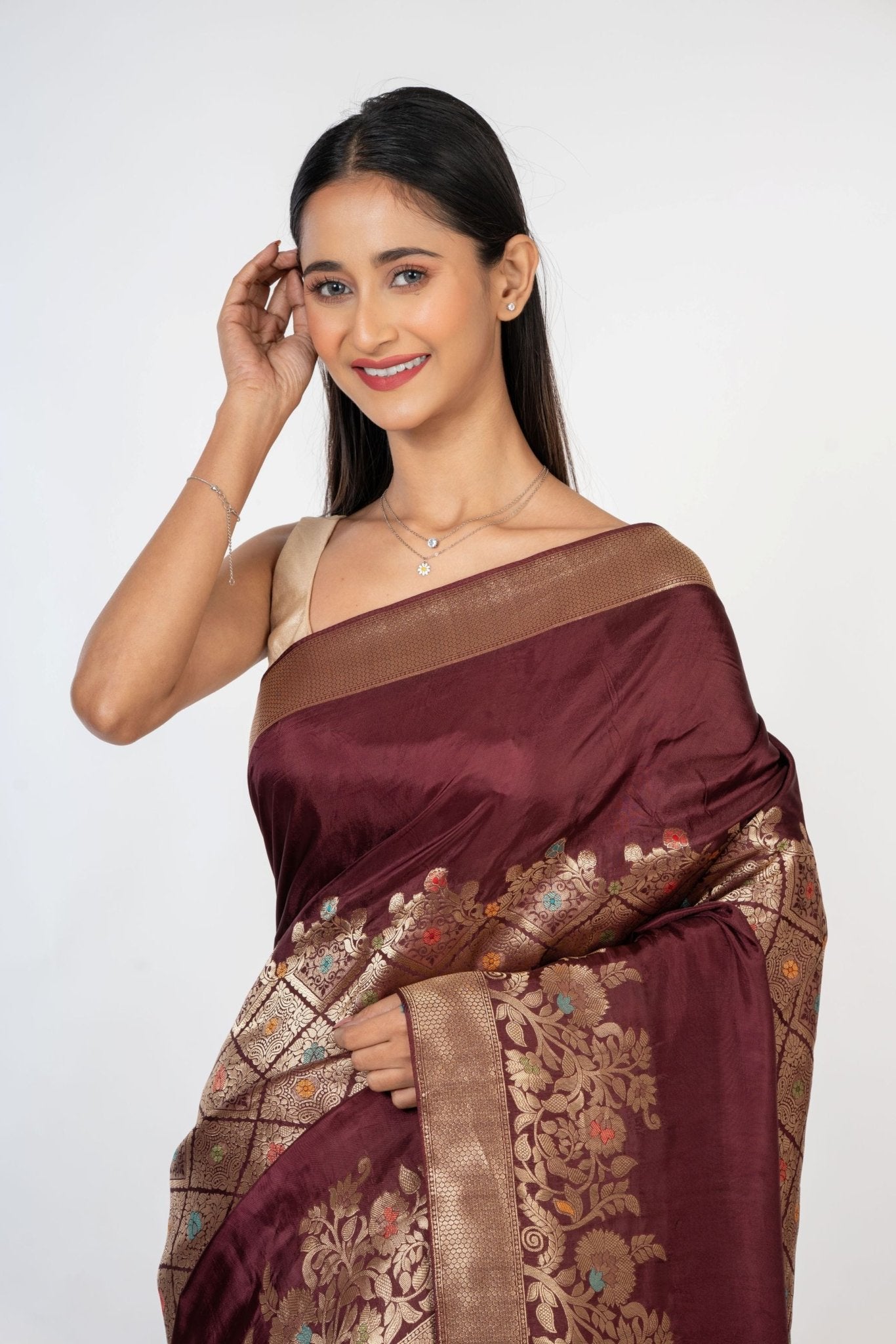 Brown and Gold Handloom Banarasi Saree - Anvi Couture