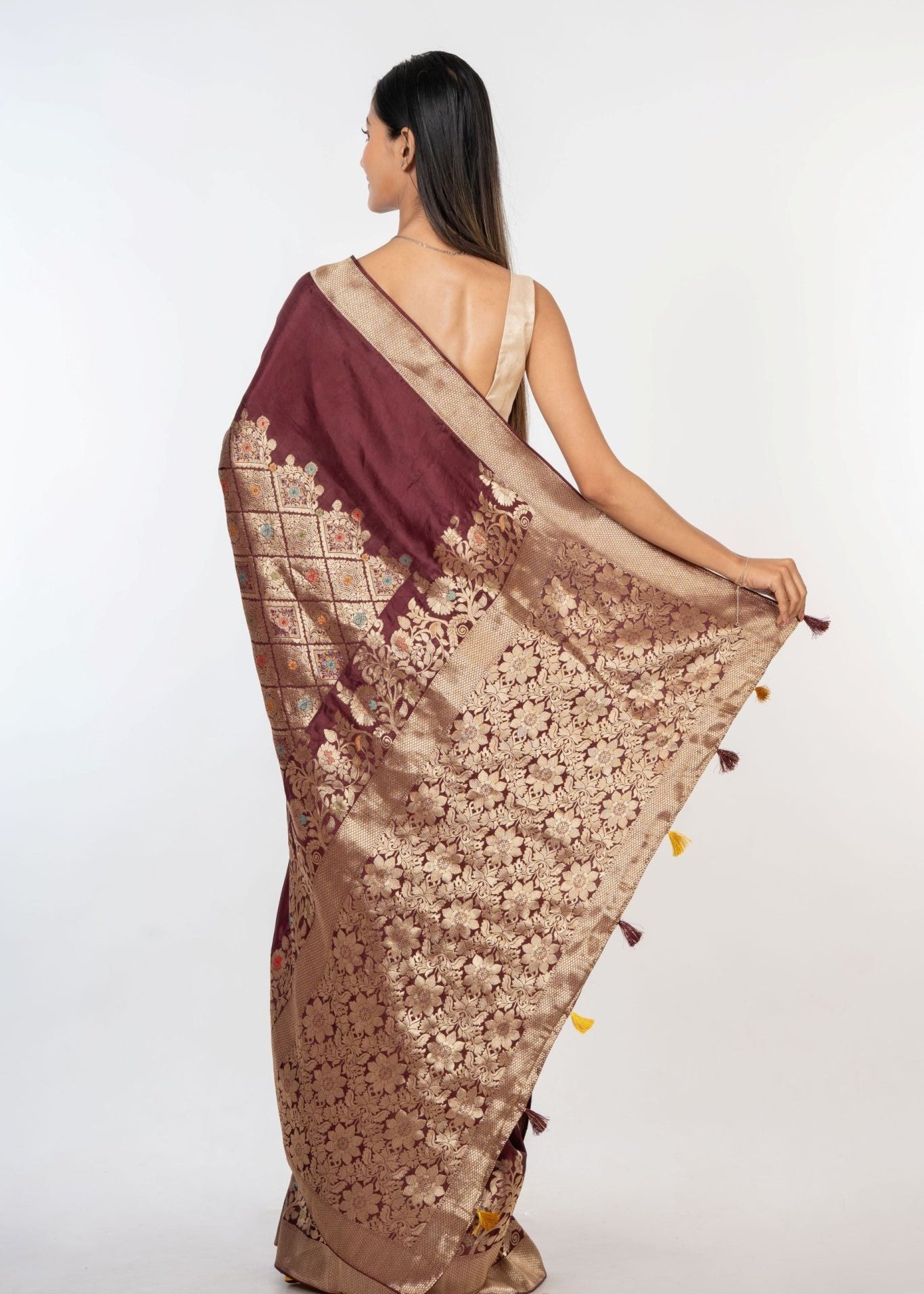 Brown and Gold Handloom Banarasi Saree - Anvi Couture
