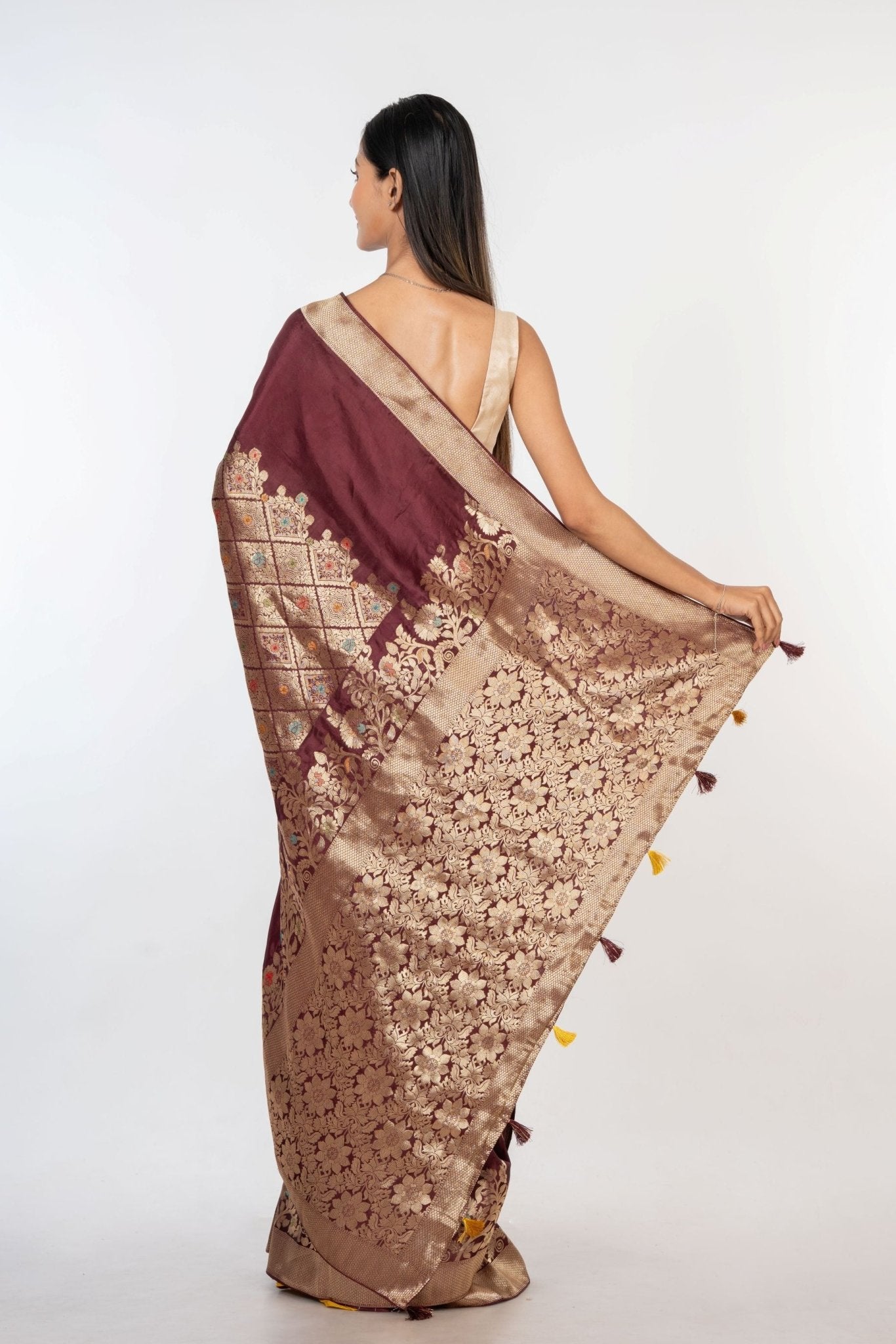 Brown and Gold Handloom Banarasi Saree - Anvi Couture