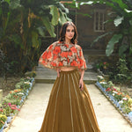 Brown and Orange Floral Net Cape Lehenga with Hand - Embroidered Emblishment - Anvi Couture - Front