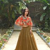 Brown and Orange Floral Net Cape Lehenga with Hand - Embroidered Emblishment - Anvi Couture - Front