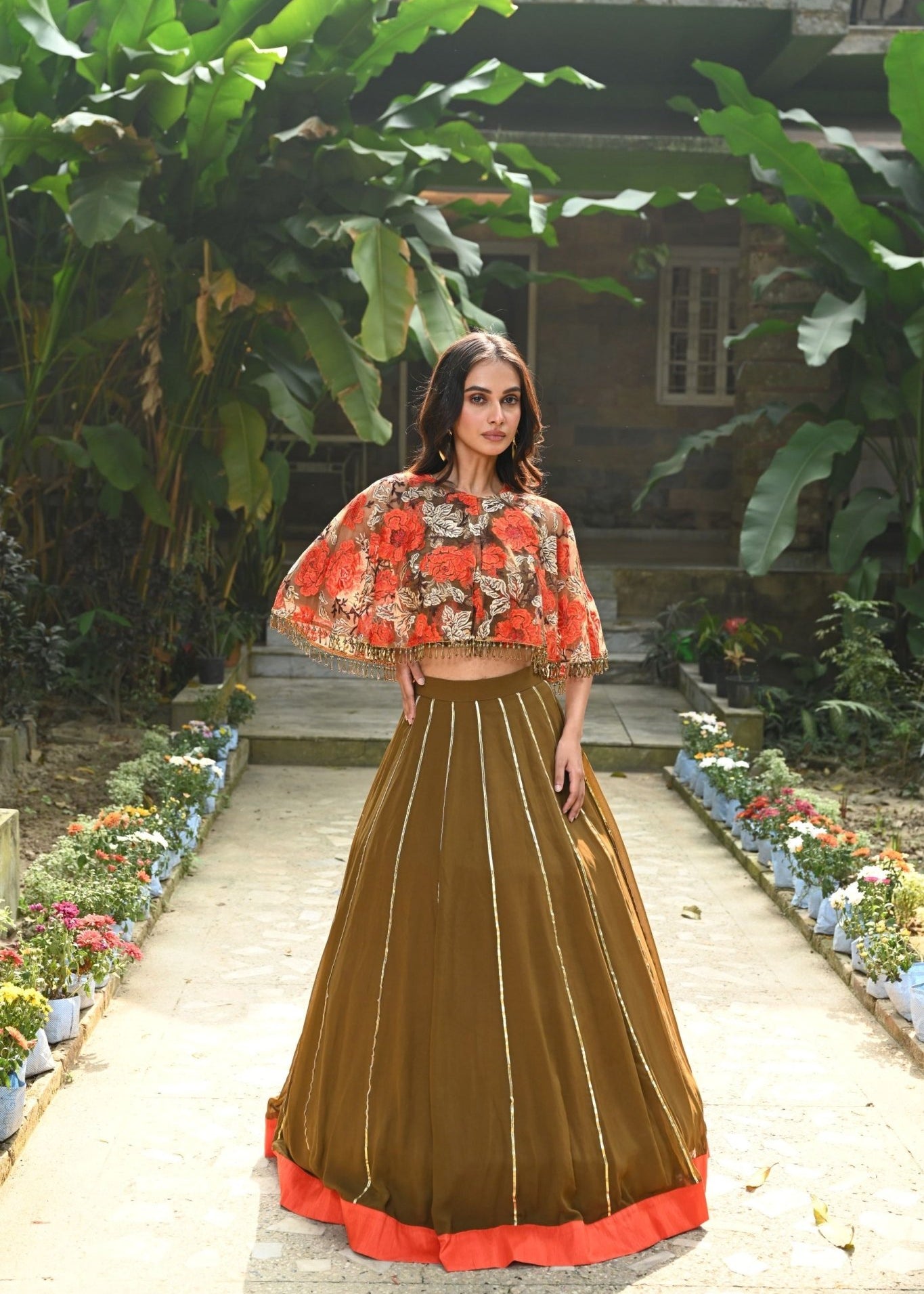 Brown and Orange Floral Net Cape Lehenga with Hand - Embroidered Emblishment - Anvi Couture