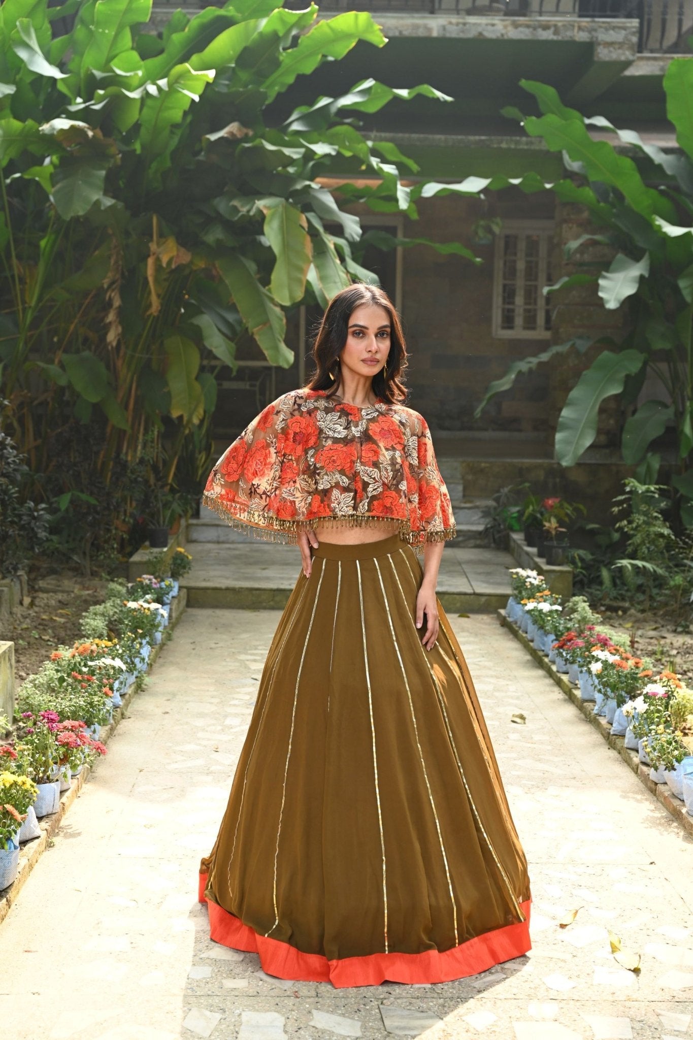 Brown and Orange Floral Net Cape Lehenga with Hand - Embroidered Emblishment - Anvi Couture - Front