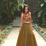 Brown and Orange Floral Net Cape Lehenga with Hand - Embroidered Emblishment - Anvi Couture - Front 2