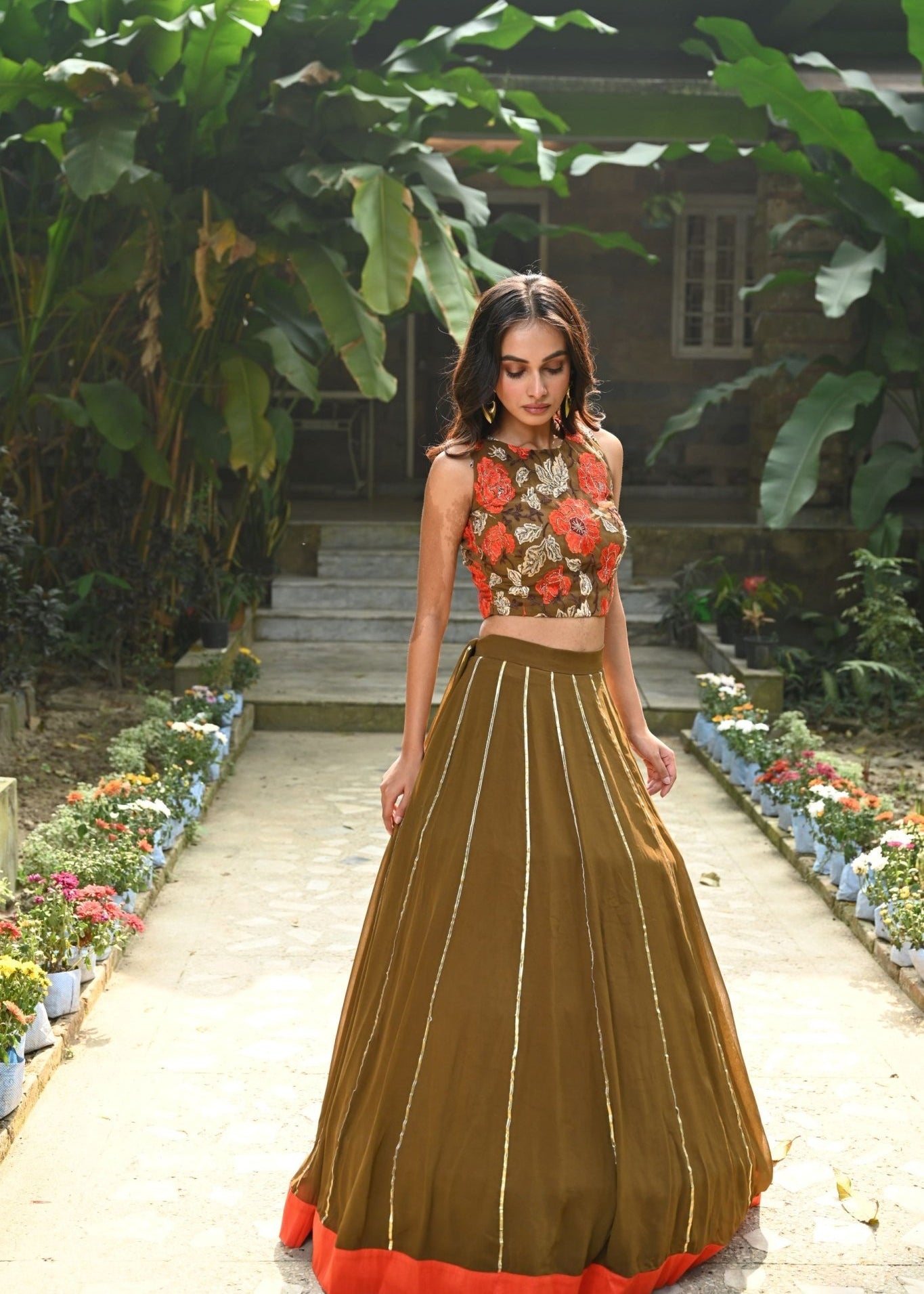 Brown and Orange Floral Net Cape Lehenga with Hand - Embroidered Emblishment - Anvi Couture