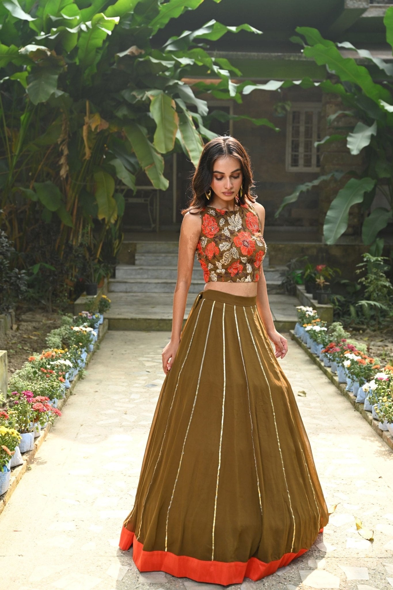 Brown and Orange Floral Net Cape Lehenga with Hand - Embroidered Emblishment - Anvi Couture - Front 2