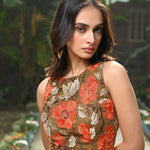Brown and Orange Floral Net Cape Lehenga with Hand - Embroidered Emblishment - Anvi Couture - Front 3