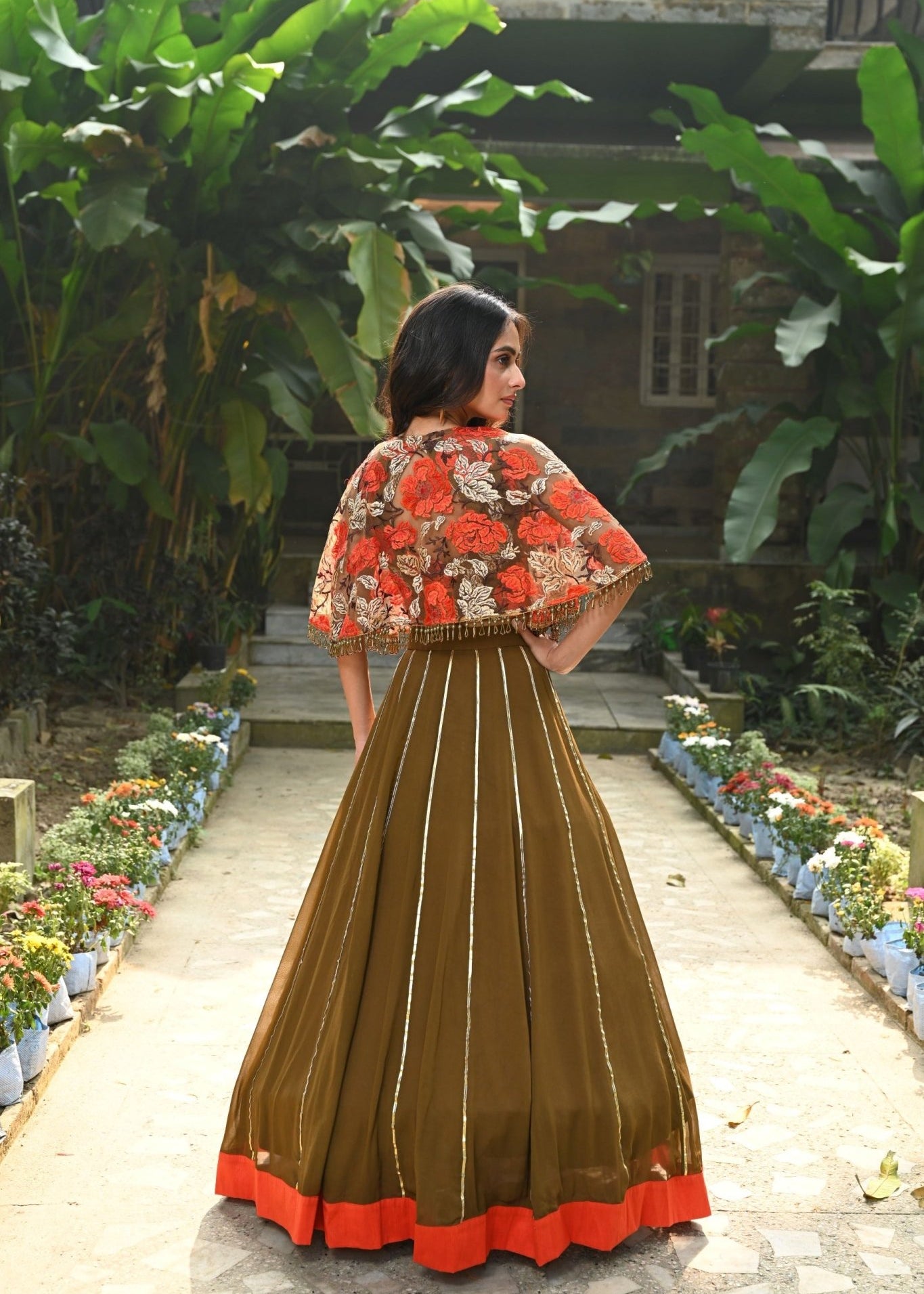 Brown and Orange Floral Net Cape Lehenga with Hand - Embroidered Emblishment - Anvi Couture