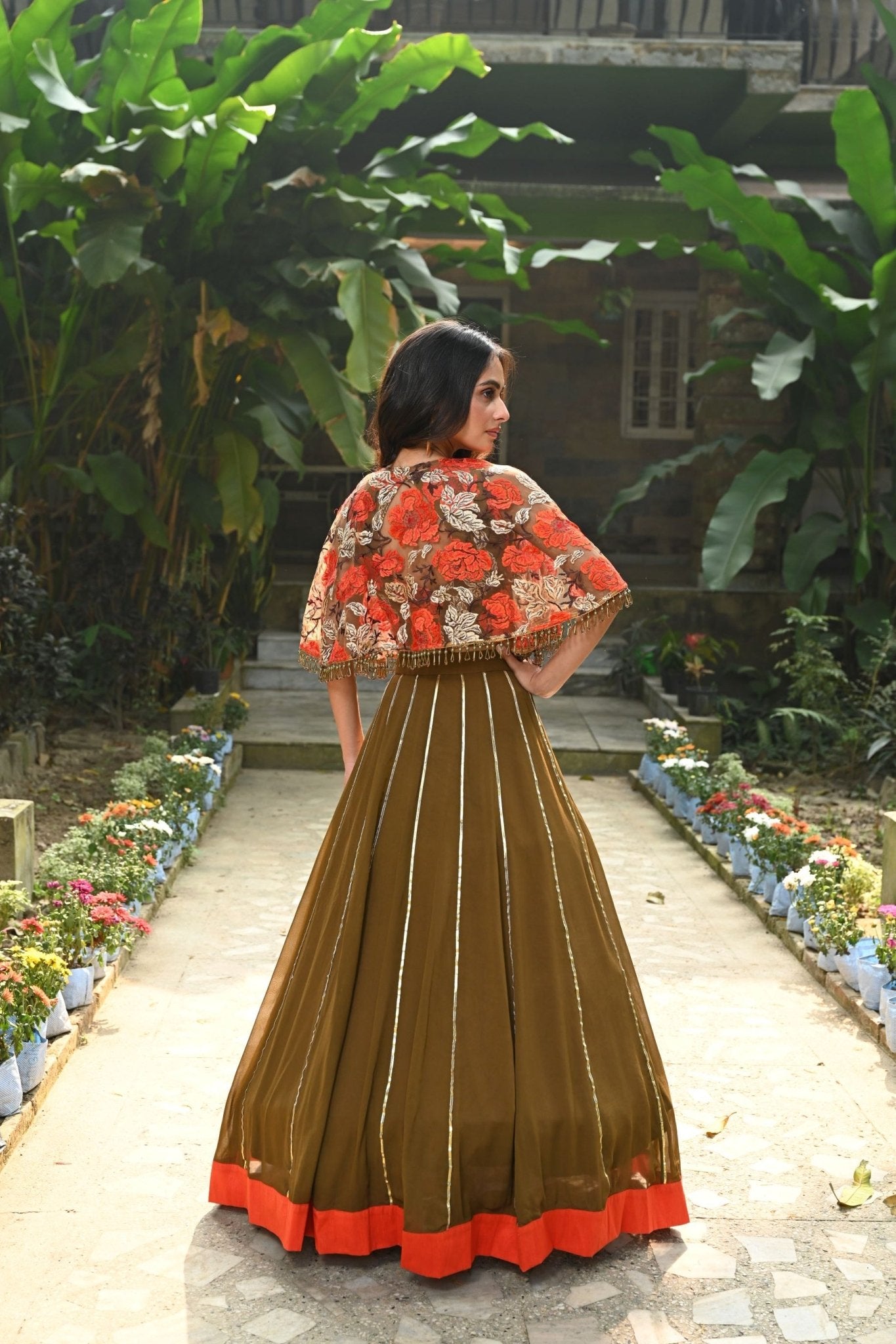 Brown and Orange Floral Net Cape Lehenga with Hand - Embroidered Emblishment - Anvi Couture - Back