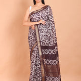 Brown and White Batik Print Saree - Anvi Couture