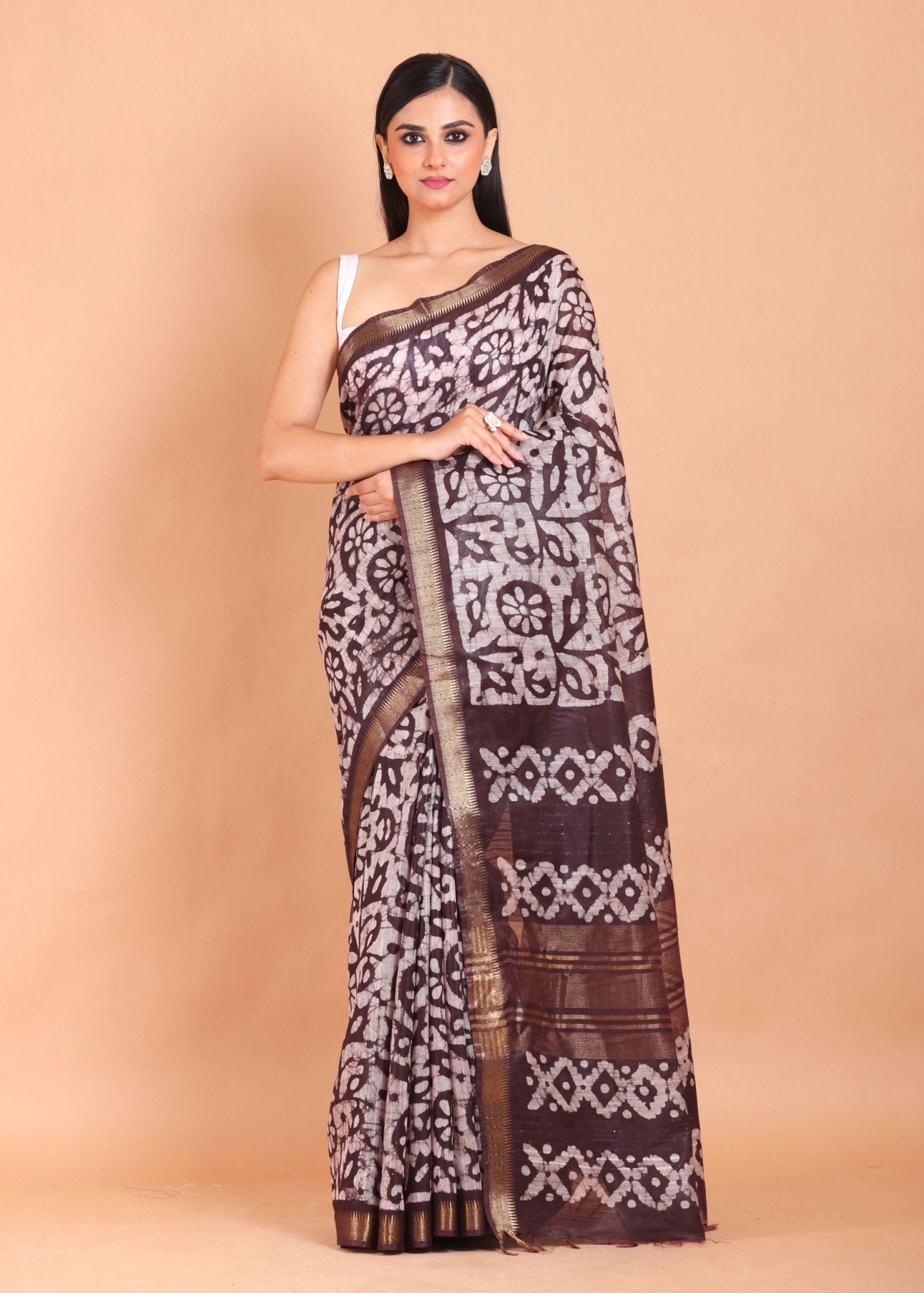 Brown and White Batik Print Saree - Anvi Couture