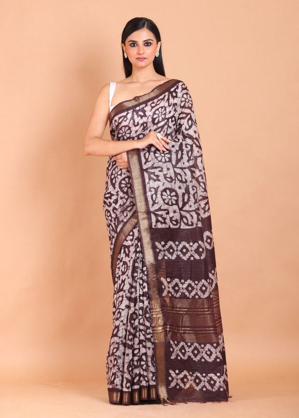 Brown and White Batik Print Saree - Anvi Couture