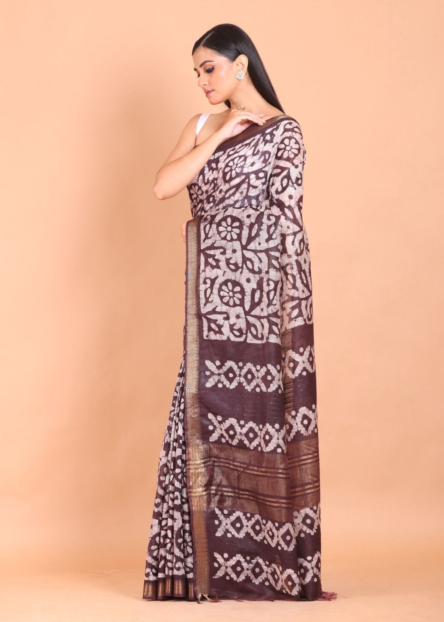Brown and White Batik Print Saree - Anvi Couture