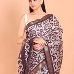 Brown and White Batik Print Saree - Anvi Couture