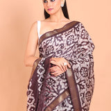 Brown and White Batik Print Saree - Anvi Couture