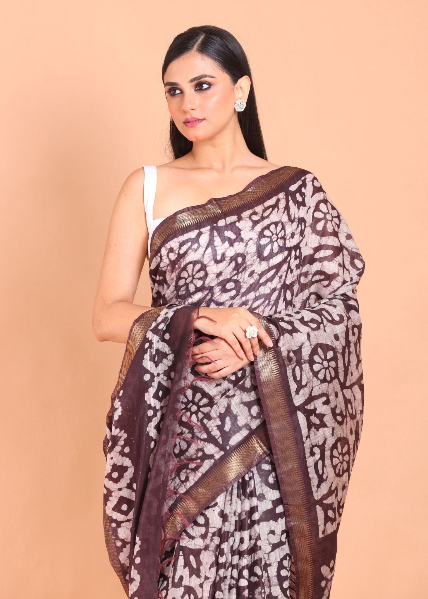 Brown and White Batik Print Saree - Anvi Couture