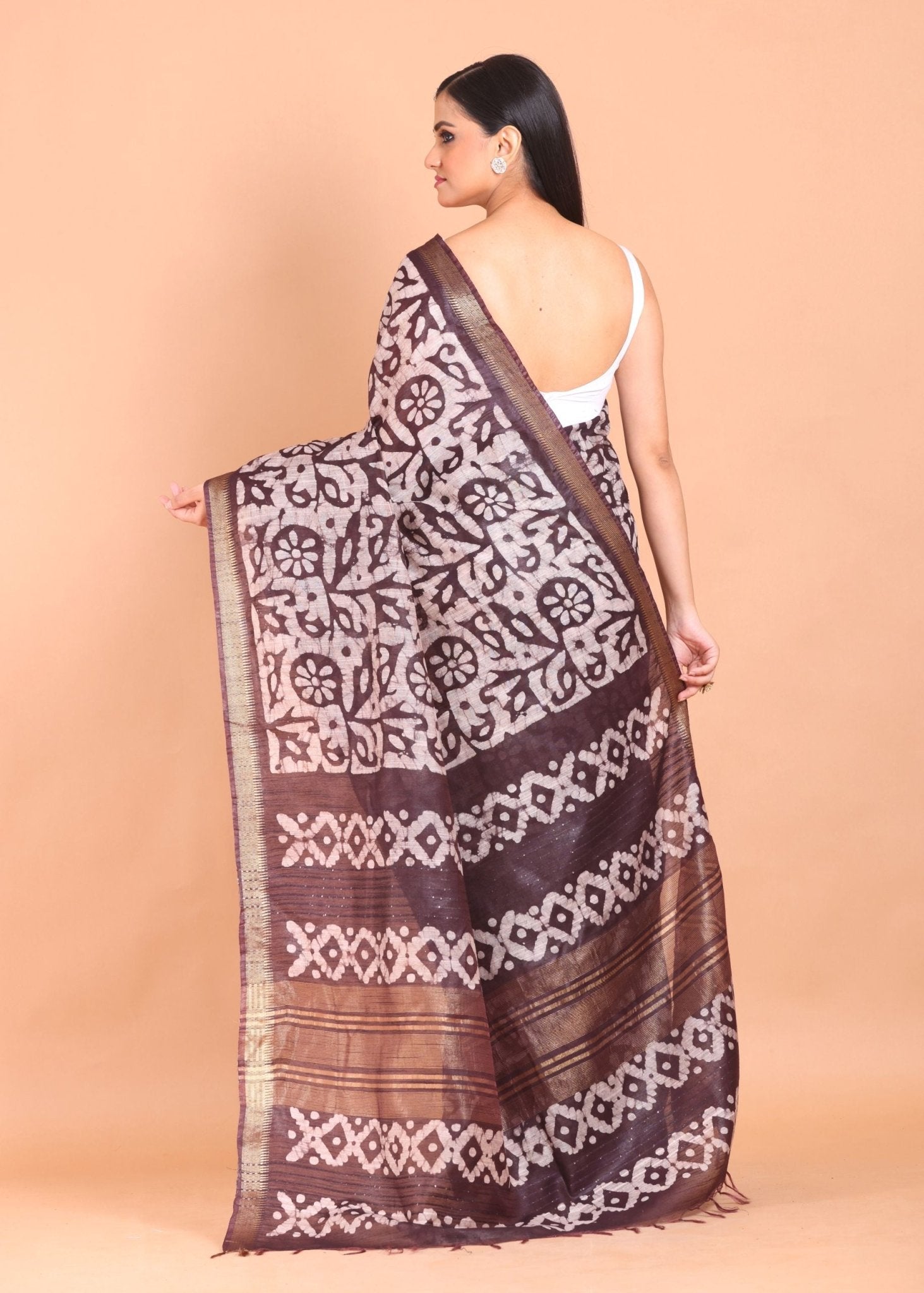 Brown and White Batik Print Saree - Anvi Couture