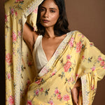 Butter Yellow Georgette Saree with Floral Prints and Pearl Border - Close Up
