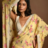 Butter Yellow Georgette Saree with Floral Prints and Pearl Border - Close Up