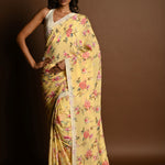Butter Yellow Georgette Saree with Floral Prints and Pearl Embroidery Border – full drape view