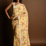 Butter Yellow Georgette Saree with Floral Prints and Pearl Embroidery Border – full drape view