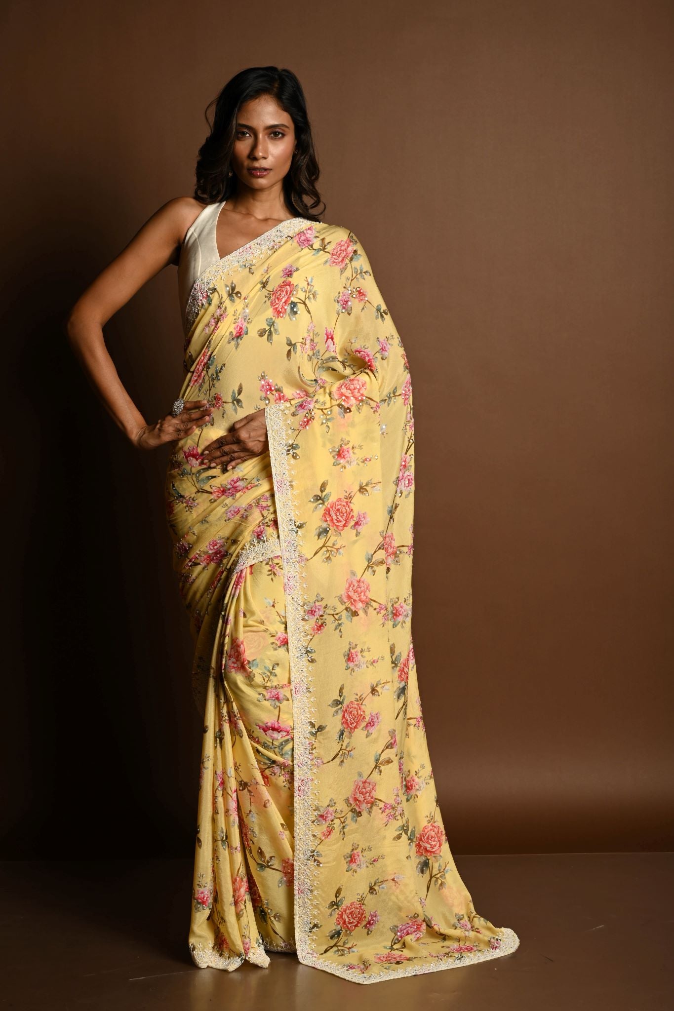 Butter Yellow Georgette Saree with Floral Prints and Pearl Embroidery Border – full drape view